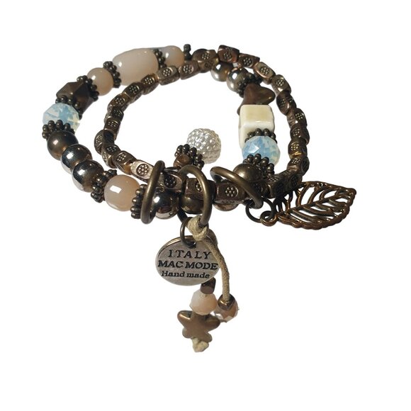 Handmade Mac Mode Italy Vintage Bronze Bead Stretch Two LayeBracelet  With Charm - Picture 6 of 6